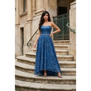 Cachet Blue High-Low Formal Gown Lace Up Corset Back Prom Dress Crystal Waist